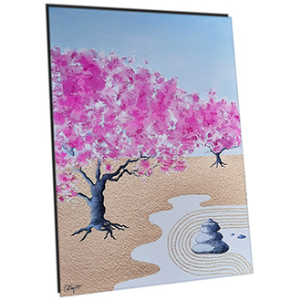 Aquarelle Extra Fine, Aquarelle liquide dore, or, rose, gris de Payne, bleu, Estampe, paysage naturel, Jardin zen, Sekura en fleur, Japon, Zen